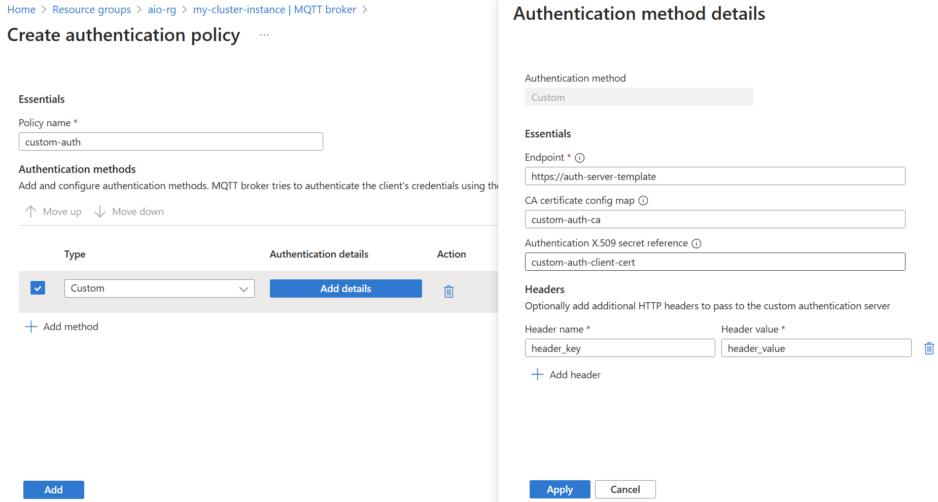 MQTT aracısı özel kimlik doğrulama yöntemini ayarlamak için Azure portalını kullanan ekran görüntüsü.