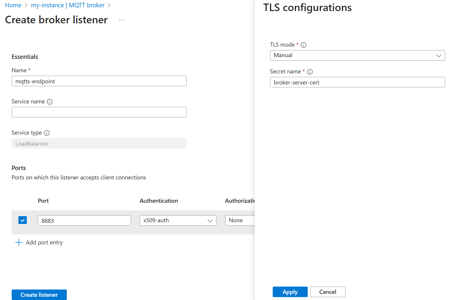 TLS bağlantı noktasıyla dinleyici ayarlamaya yönelik Azure portal yöntemini gösteren ekran görüntüsü.