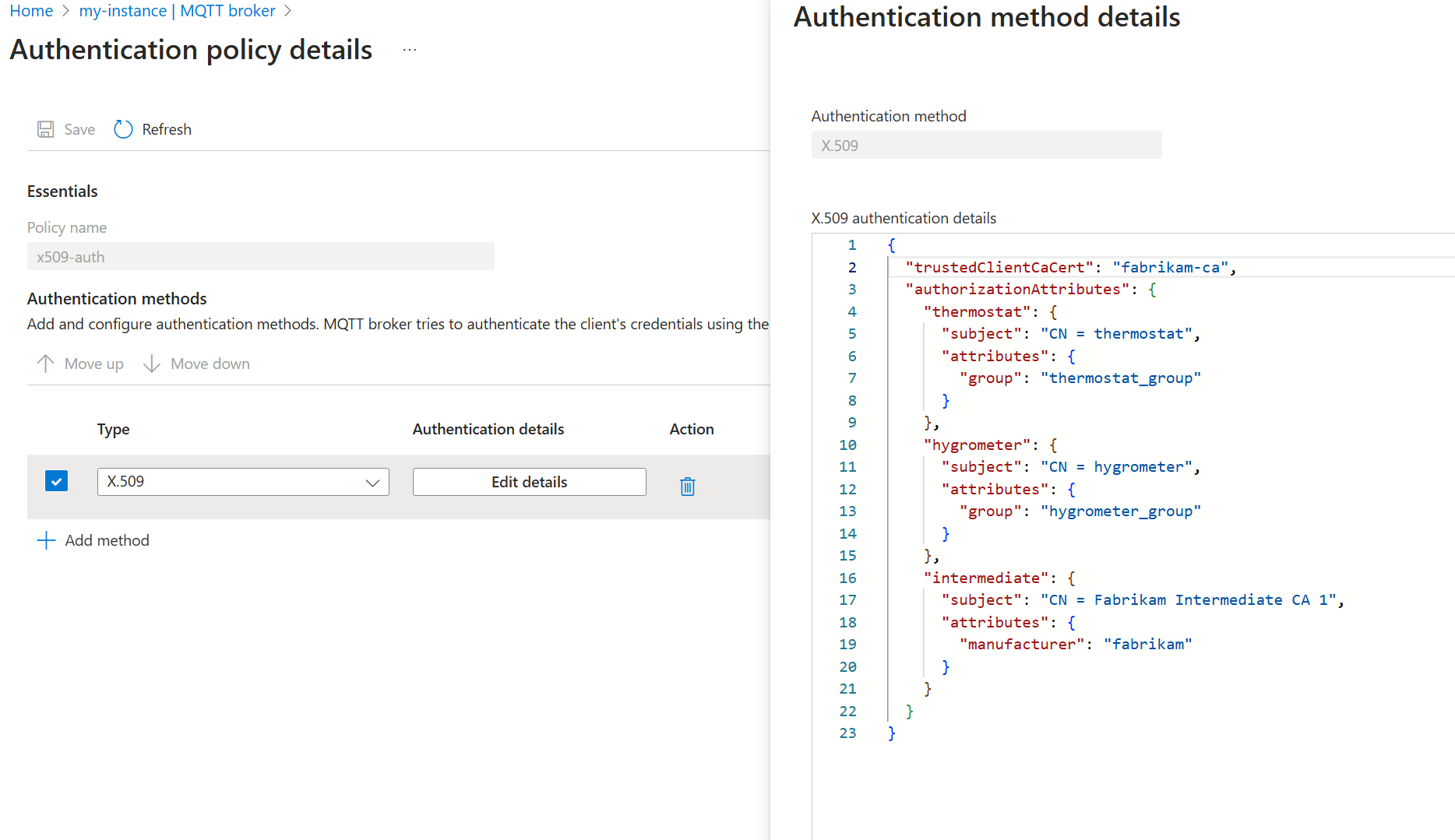 Azure portalını kullanarak MQTT aracısı X.509 kimlik doğrulama yönteminin nasıl oluşturulacağını gösteren ekran görüntüsü.