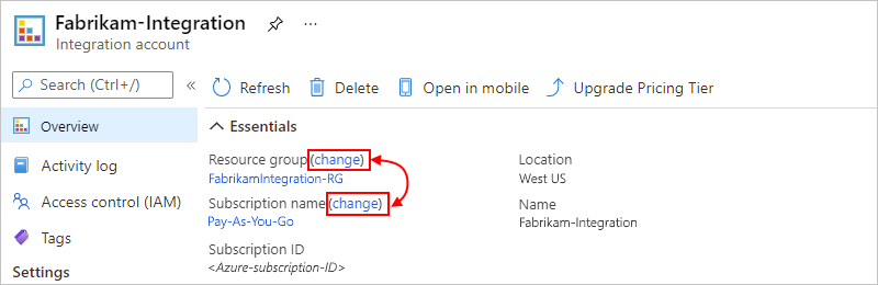 Azure portalı, tümleştirme hesabı, Genel Bakış sayfası ve Kaynak grubu veya Abonelik adı'nın yanındaki seçili değişiklik seçeneğini gösteren ekran görüntüsü.