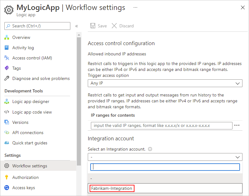 Azure portalını, İş Akışı ayarları adlı açık sayfayı ve Tümleştirme hesabı seçin adlı açık listeyi içeren tümleştirme hesabı menüsünü gösteren ekran görüntüsü.