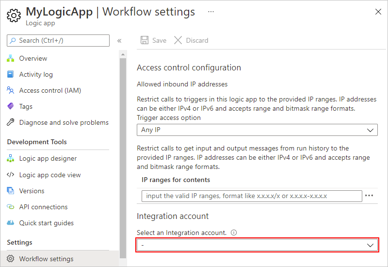 Azure portalını, mantıksal uygulama menüsünü ve seçili İş Akışı ayarlarını gösteren ekran görüntüsü.