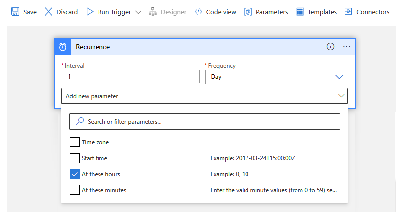 Ekran görüntüsünde Azure portalı, Tüketim iş akışı tasarımcısı ve Yinelenme tetikleyicisi parametreleri gösterilir ve bu saatlerde seçeneği belirlenmiştir.