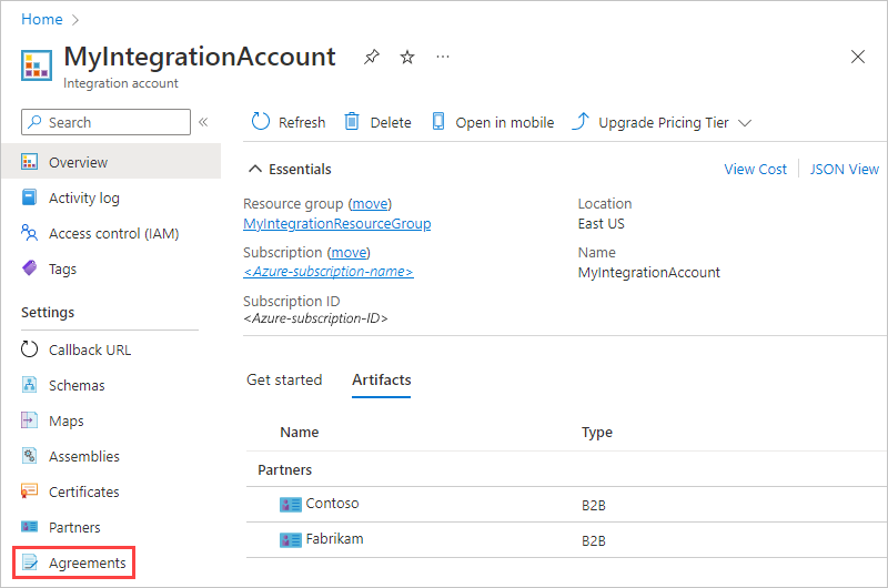 Tümleştirme hesabı sayfasının açık olduğu Azure portalını gösteren ekran görüntüsü. Gezinti menüsünde Sözleşmeler seçeneği belirlenir.