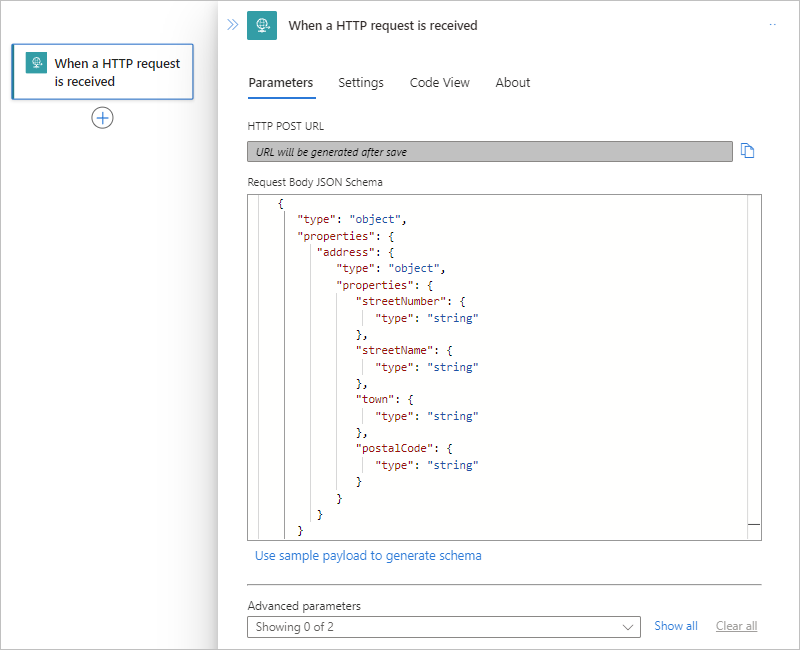 Örnek şema ile İstek tetikleyicisi ve İstek Gövdesi JSON Şeması parametresiyle Standart iş akışını gösteren ekran görüntüsü.