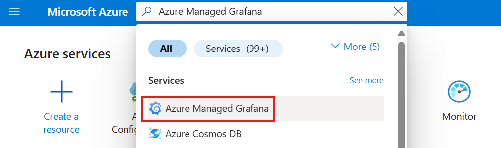 Azure platformunun ekran görüntüsü. Markette Azure Yönetilen Grafana'yı bulun.