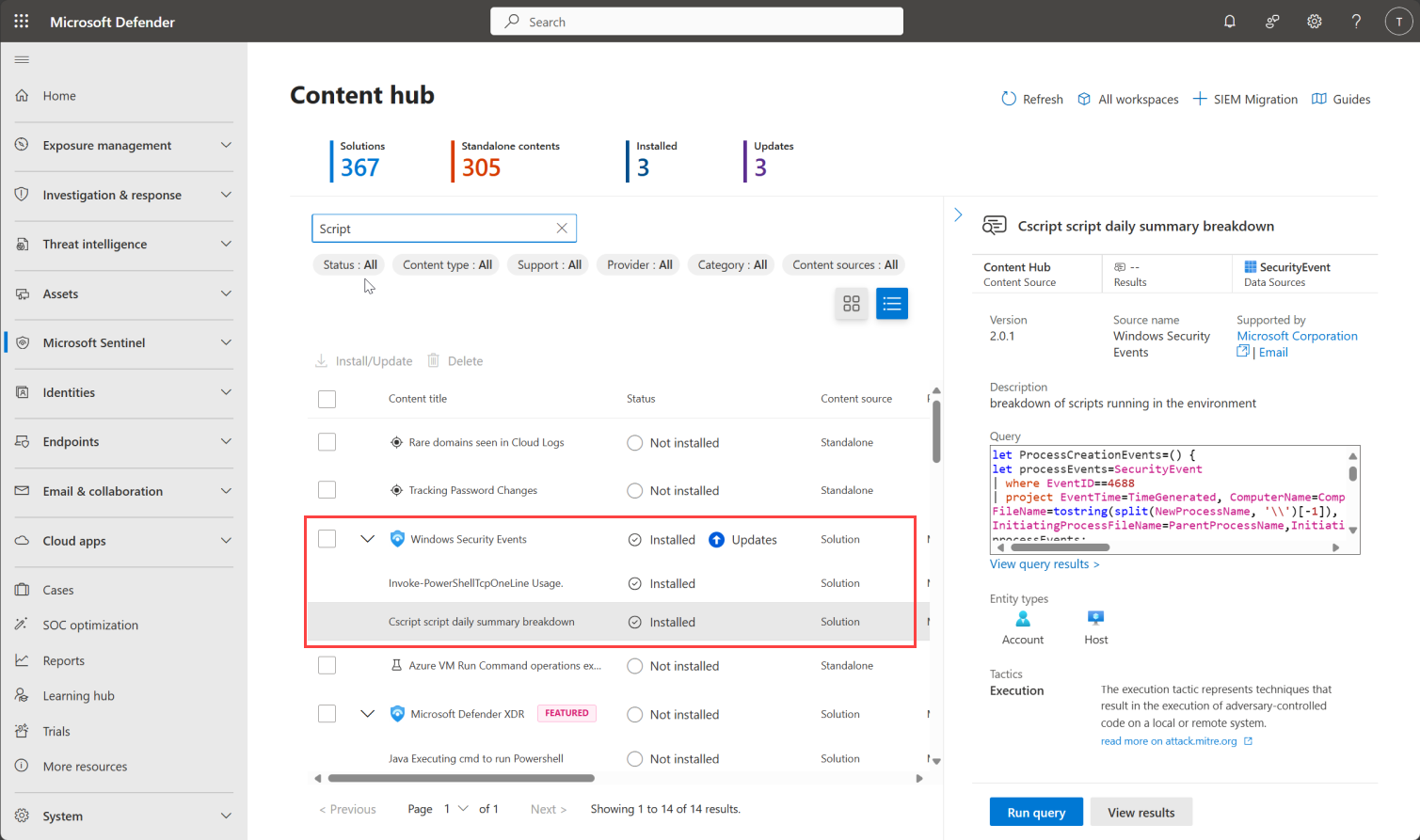 Defender portalında Microsoft Sentinel içerik hub'ının ekran görüntüsü.