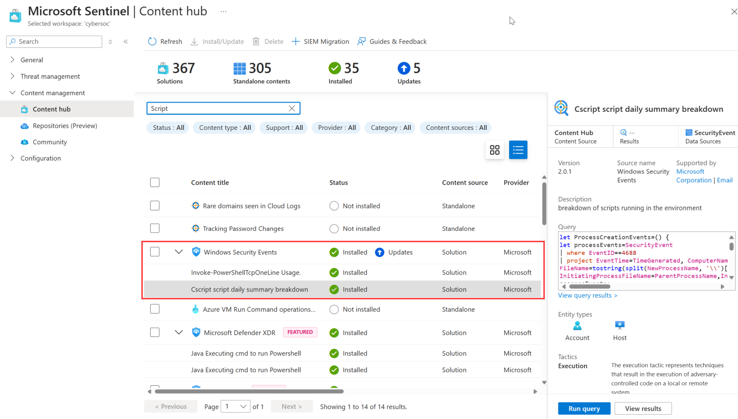 Azure portalında Microsoft Sentinel içerik hub'ının ekran görüntüsü.