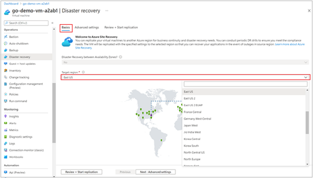 Settings for global disaster recovery