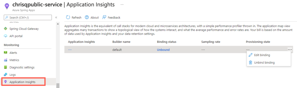 Application Insights sayfası ve 'Bağlamayı düzenle' seçeneğini içeren Azure Spring Apps örneğini gösteren Azure portalının ekran görüntüsü.