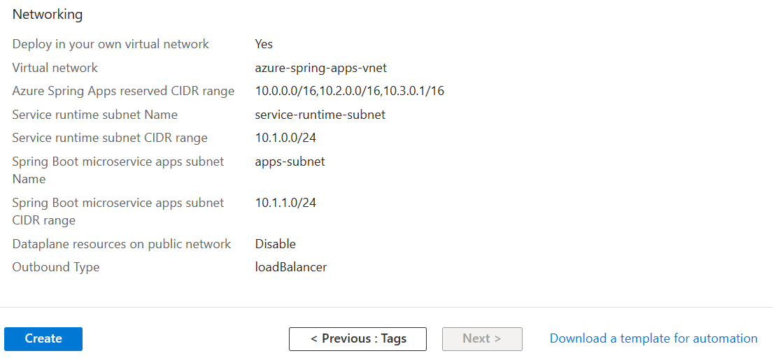 Gözden geçir ve oluştur sekmesinin Ağ bölümünü gösteren Azure portalı Azure Spring Apps Oluştur sayfasının ekran görüntüsü.