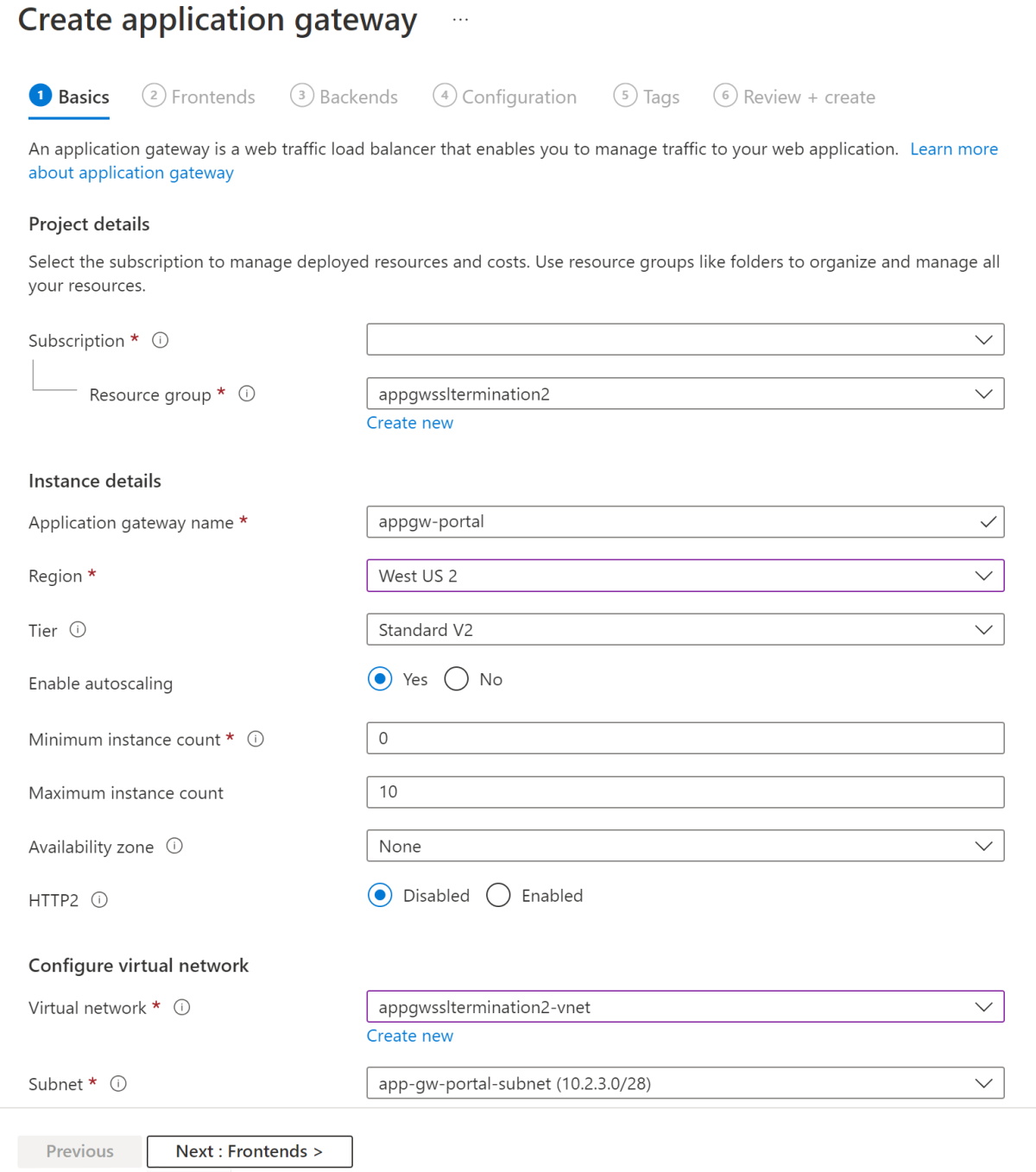 Azure portalı 'Uygulama ağ geçidi oluştur' sayfasının ekran görüntüsü.