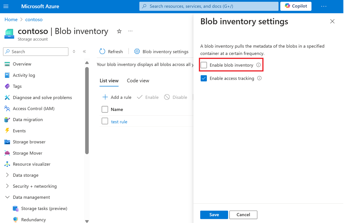 Azure portalında Blob envanterini etkinleştir onay kutusunu gösteren ekran görüntüsü.