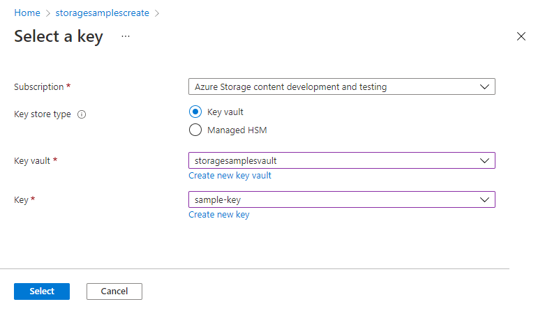 Azure portalında anahtar kasası ve anahtarı seçmeyi gösteren ekran görüntüsü.