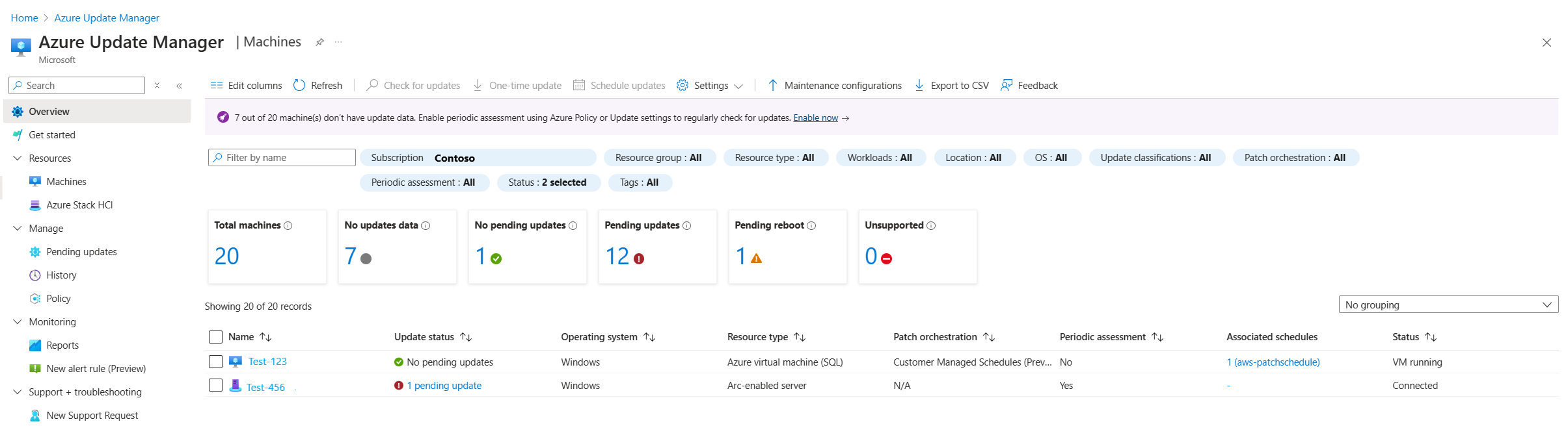 Azure portalında Update Manager Makineleri sayfasını gösteren ekran görüntüsü.