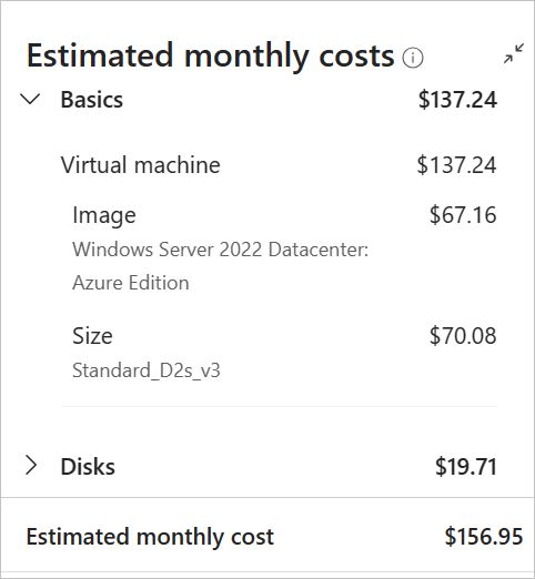 Azure portalındaki oluşturma sayfasında sanal makinelerin tahmini maliyetleri ekran görüntüsü.