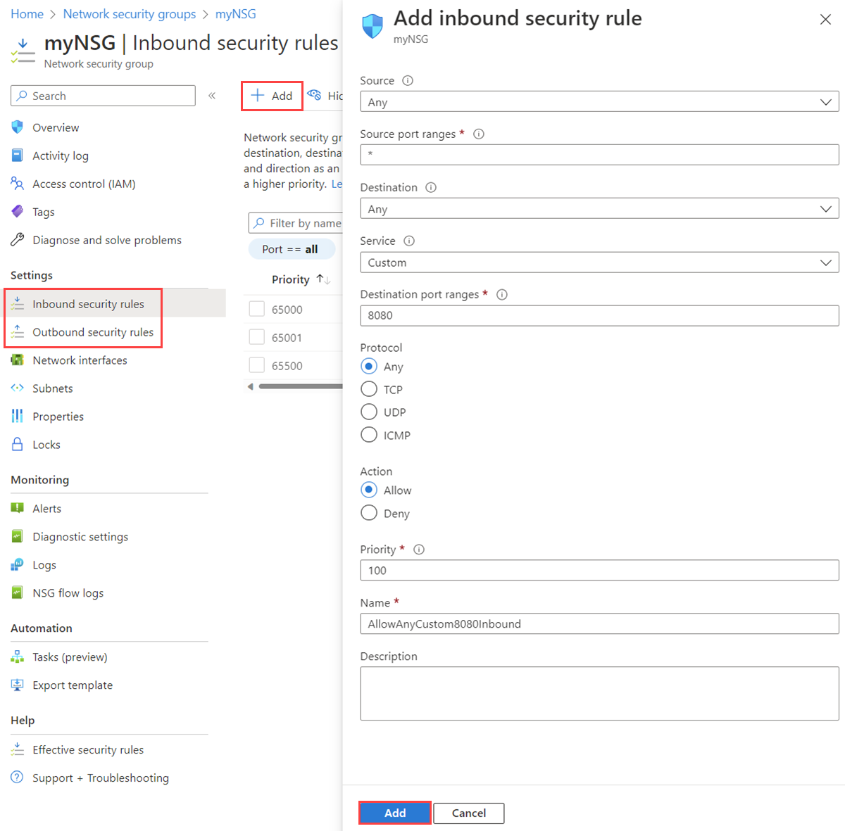 Azure portalında bir ağ güvenlik grubuna güvenlik kuralı eklemeyi gösteren ekran görüntüsü.