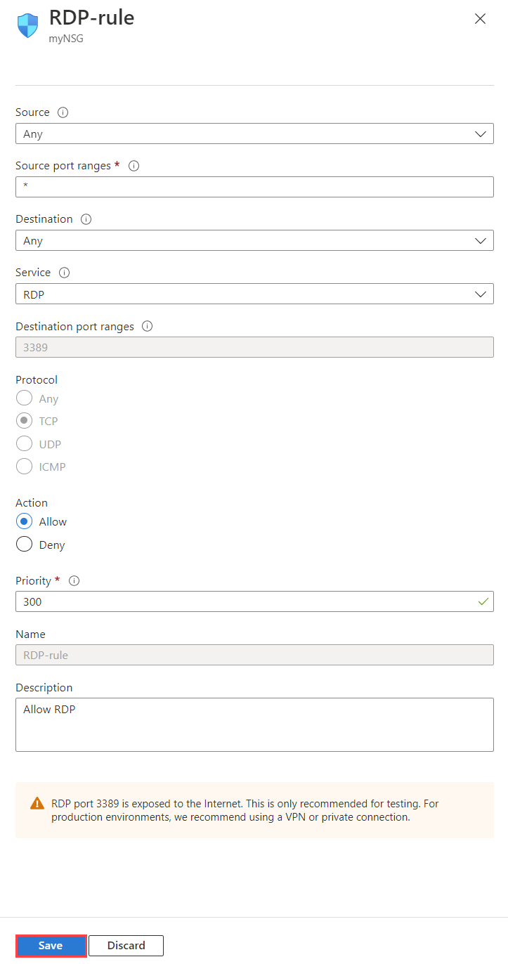 Azure portalında bir ağ güvenlik grubunun gelen güvenlik kuralı ayrıntılarını değiştirmeyi gösteren ekran görüntüsü.