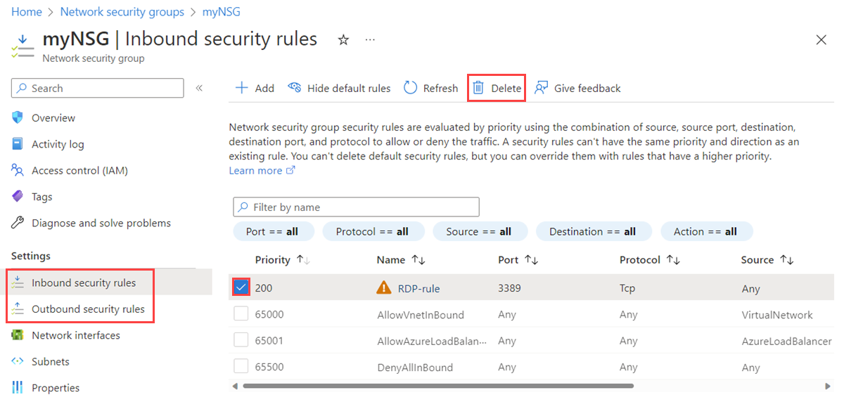 Azure portalında bir ağ güvenlik grubunun gelen güvenlik kuralını silme işlemini gösteren ekran görüntüsü.