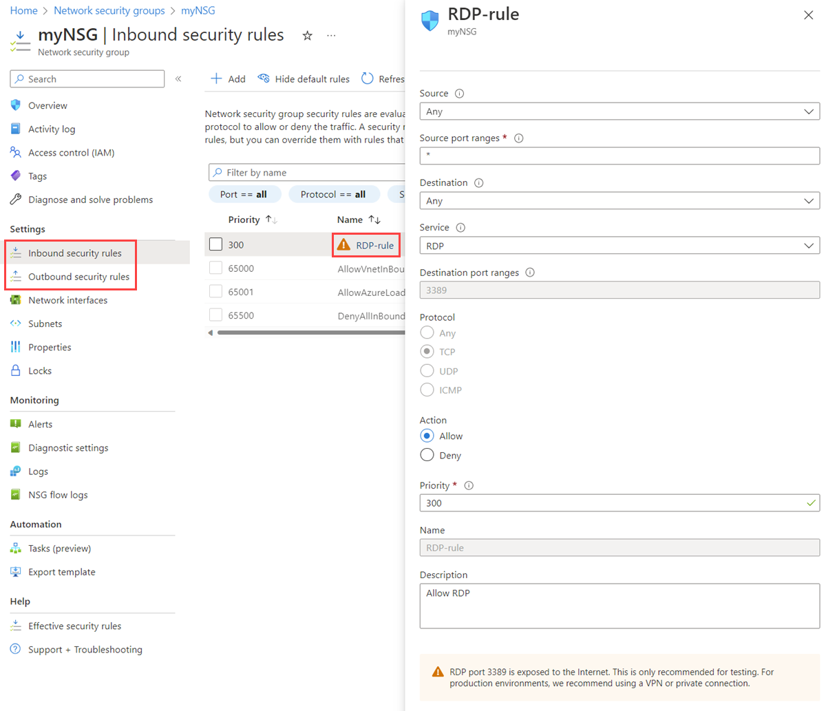 Azure portalında bir ağ güvenlik grubunun gelen güvenlik kuralının ayrıntılarını gösteren ekran görüntüsü.