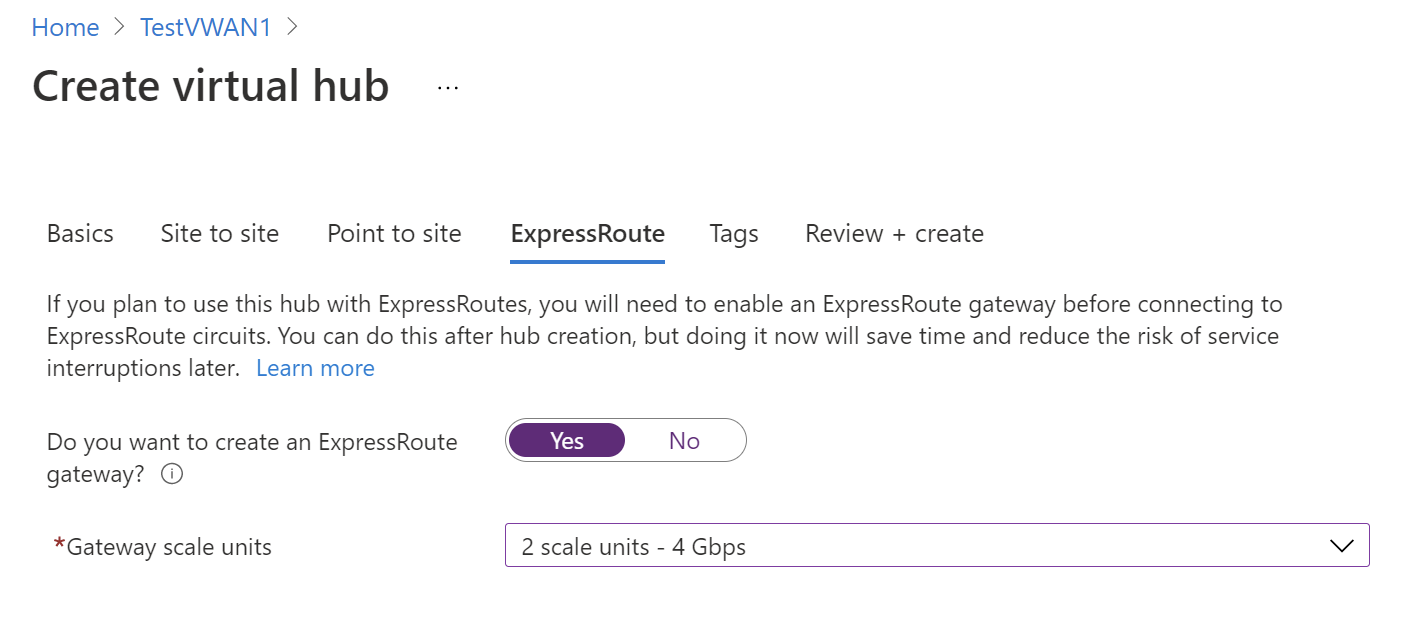 ExpressRoute için ağ geçidi ölçek birimlerini gösteren ekran görüntüsü.