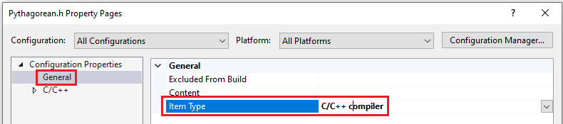 Öğe türünü C/C++ derleyicisi olarak değiştirmeyi gösteren ekran görüntüsü.