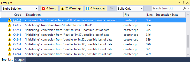 Visual Studio Hata Listesi penceresinin ekran görüntüsü