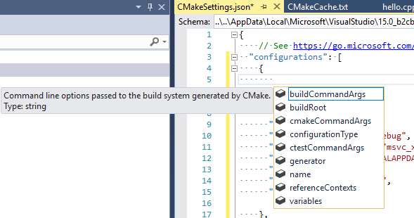 Düzenleyicide CMake JSON IntelliSense açılır penceresinin ekran görüntüsü.