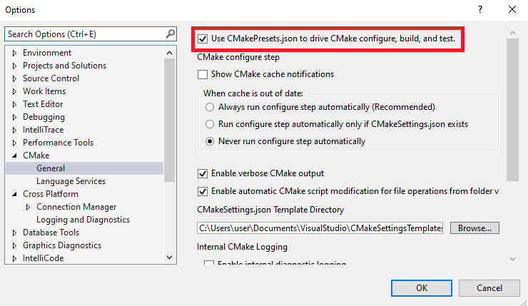 Visual Studio'nun eski bir sürümünün ekran görüntüsü. 'CMake'i yapılandırmak, derlemek ve test etmek için C Hazır Ayarları .json kullan' etiketli bir onay kutusu vardır.