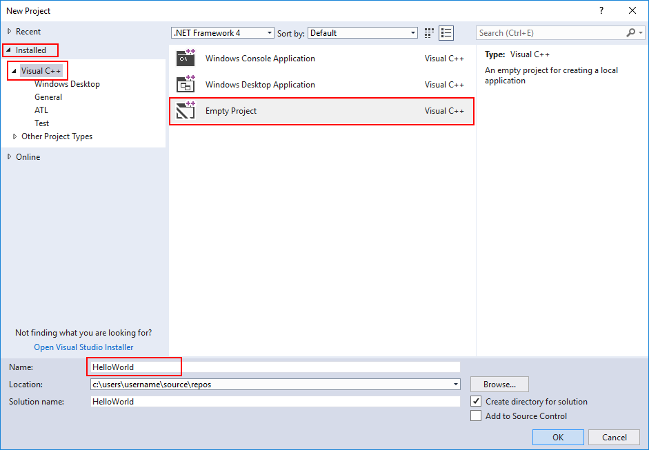 Screenshot of the New Project dialog box with Installed > Visual C plus plus selected and called out, the Empty Project option called out, and Hello World typed in the Name text box.