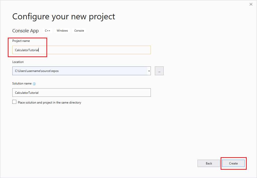 Visual Studio Yeni projenizi yapılandırın iletişim kutusunun ekran görüntüsü. Proje adı, proje konumu ve Çözüm adı alanları vardır.