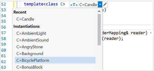 C = AmbientLight, C = Candle ve diğerleri gibi C şablon parametresinin örneğini oluşturmak için kullanılan farklı türlerin listelendiği Şablon IntelliSense Sonuçları'nın ekran görüntüsü.