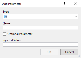 Parametre türünü, adını ve varsayılan veya isteğe bağlı olup olmadığını düzenleyebileceğiniz veya ayarlayabileceğiniz Parametre ekle penceresinin ekran görüntüsü.