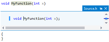 Oluşturulan bildirimi içeren Source.h üst bilgi dosyasını içeren açılan pencereyi gösteren ekran görüntüsü: void MyFunction(int x);.