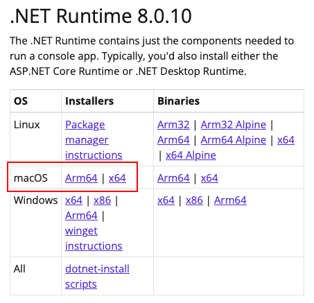 .NET indirme web sitesinden yalnızca .NET Çalışma Zamanı indirme tablosunu gösteren ekran görüntüsü. macOS satırı kırmızı bir kutuyla vurgulanır.