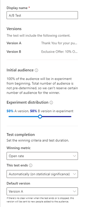 A/B test yan paneli yapılandırıldı ve seyahat oluşturma için hazır