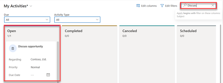 Kanban görünümündeki kayıtlara filtre uygulamak için arama kutusunu kullanma.