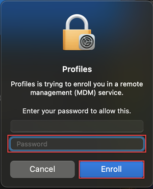 Sizi bir MDM hizmetine kaydetmek için parola isteyen profiller penceresinin ekran görüntüsü.