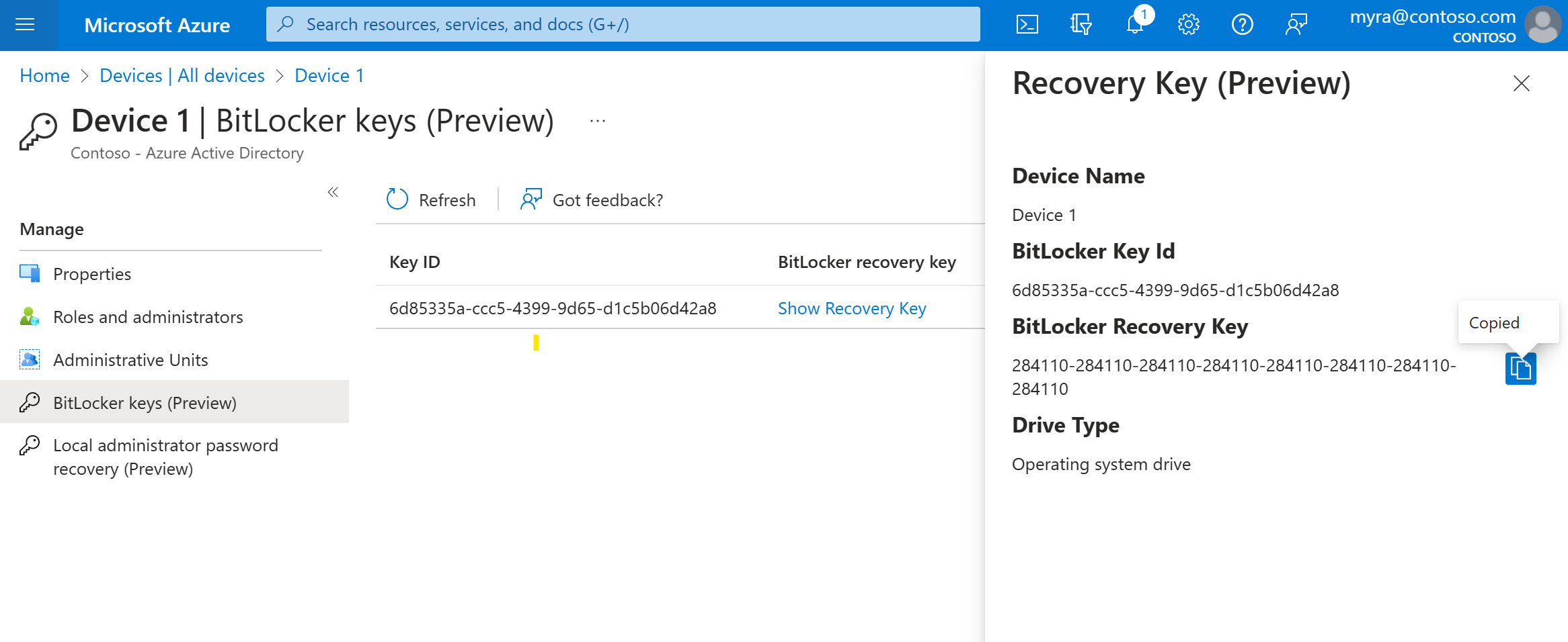 BitLocker anahtarlarının nasıl görüntülendiğini gösteren ekran görüntüsü.