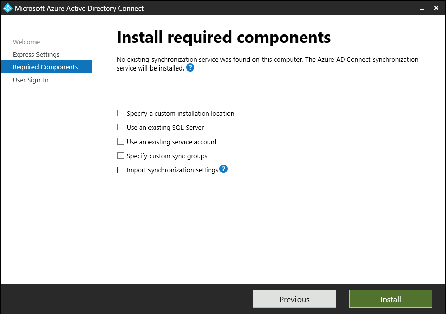 Microsoft Entra Connect'te gerekli yükleme bileşenleri için isteğe bağlı seçimleri gösteren ekran görüntüsü.