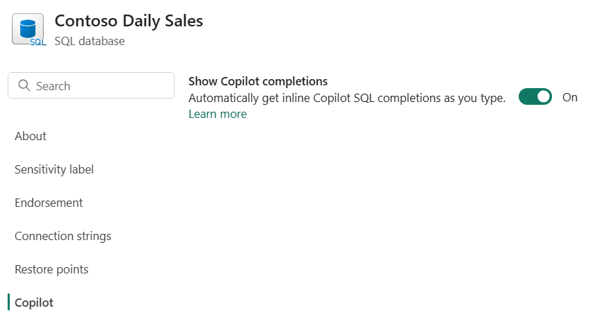 Copilot sayfasını ve Copilot tamamlamalarını göster ayarını gösteren Doku SQL veritabanı ayarlarından ekran görüntüsü.