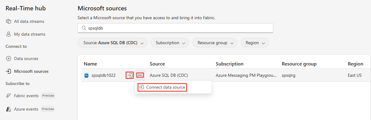 SQL veritabanlarını göstermek için filtreler içeren Microsoft kaynakları sayfasını ve Azure SQL veritabanı için bağlan düğmesini gösteren ekran görüntüsü.