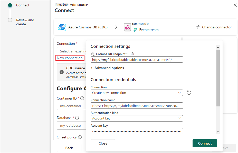 Azure Cosmos DB CDC kaynağı için Bağlantı ayarlarının ekran görüntüsü.