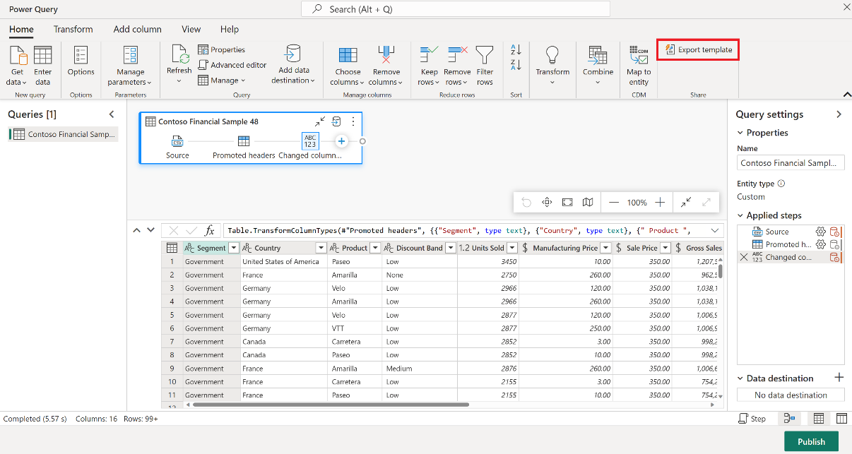 Şablonu dışarı aktar seçeneğinin vurgulanmış olduğu Power Query düzenleyicisini gösteren ekran görüntüsü.