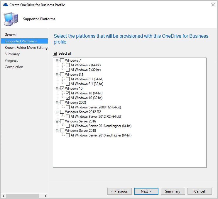 OneDrive İş profili için platform seçme