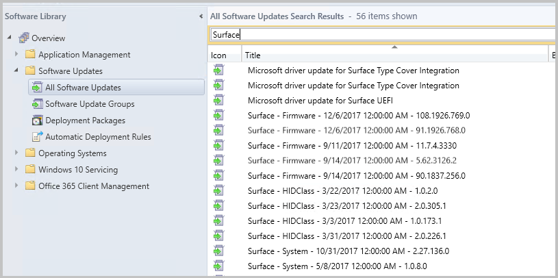 Configuration Manger konsolunda Eşitlenmiş Surface sürücüleri