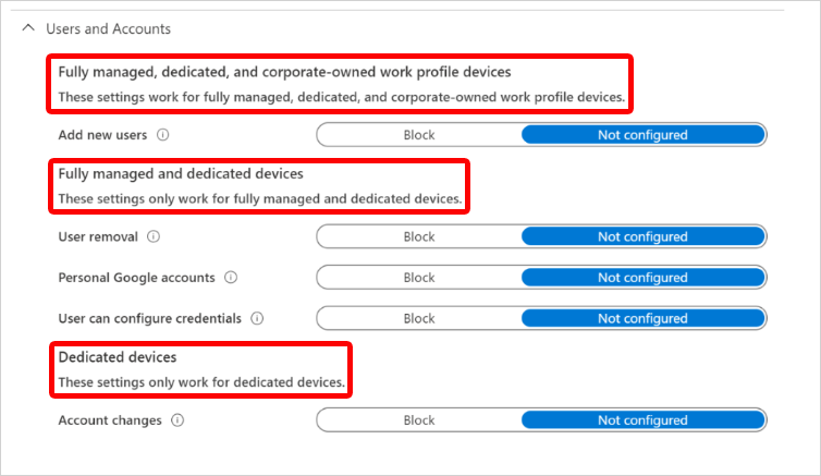 Android Kurumsal Kullanıcılar ve Hesaplar ayarı üst bilgilerini ve Microsoft Intune'da uygulandıkları kayıt türlerini gösteren ekran görüntüsü.