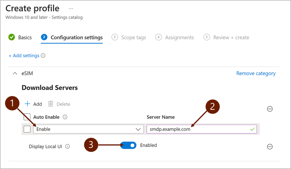 Microsoft Intune'de eSIM indirme sunucusu eklerken yapılandırma ayarlarını gösteren ekran görüntüsü.