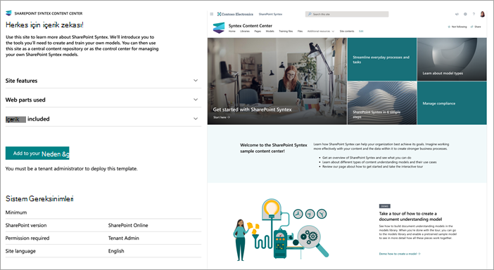 İçerik merkezi site şablonu sağlama sayfasının ekran görüntüsü.
