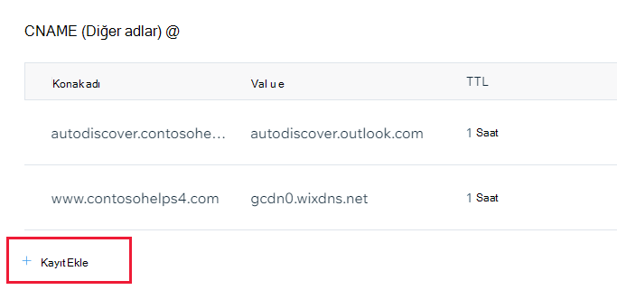 CNAME kaydı eklemek için Kayıt ekle'yi seçtiğiniz yerin ekran görüntüsü.